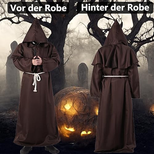 XCMVCN Disfraz Monje, Túnica Medieval Renacentista, Halloween Túnica de Monje Capucha para Hombre, Halloween carnaval y trajes de rol (Marrón, XL)