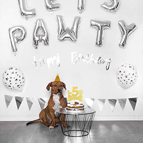 Xsstarmi Paquete de 1 decoración para tartas de quinto cumpleaños con pata de perro dorada con purpurina de cinco años de edad, cumpleaños, cachorro, perro, decoración para tartas con temática Let's