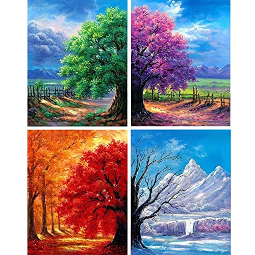 YAOYIN Pintar por Numeros Adultos Niños Principiantes, 4 Juegos de Kits de Pintar por Números,para Decoración del Hogar, Viene con Pinturas y Pincel,Arboles(40 * 50 cm)