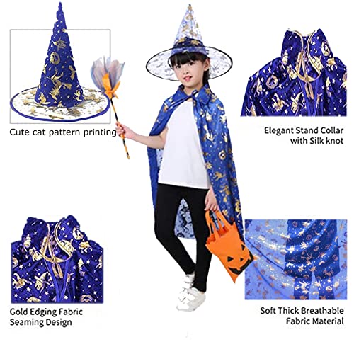 YDMAJF Disfraces de Halloween Capa de Mago de Bruja con Sombrero Capa de Magosombrero Brujo Disfraces para Cosplay Juego de Roles Vestir para Niños Fiesta de Halloween Juego de rol(Azul)