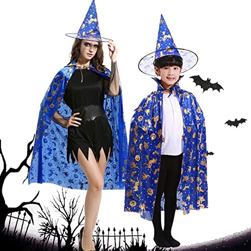 YDMAJF Disfraces de Halloween Capa de Mago de Bruja con Sombrero Capa de Magosombrero Brujo Disfraces para Cosplay Juego de Roles Vestir para Niños Fiesta de Halloween Juego de rol(Azul)