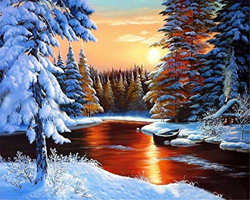 YEESAM ART - Pintura al óleo por números, para adultos y niños, puesta de sol en el lago invernal con el bosque a partir de 5 óleos, arte de pared (lago, con marco)