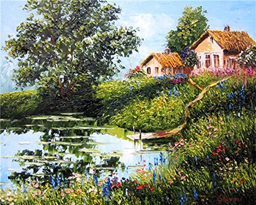 YEESAM ART Pintura de bricolaje por números para adultos principiantes, paisajes de campo de lago verde, 40,6 x 50,8 cm, lienzo de lino, acrílico, sin estrés, menos número, pintura de regalos (verde,