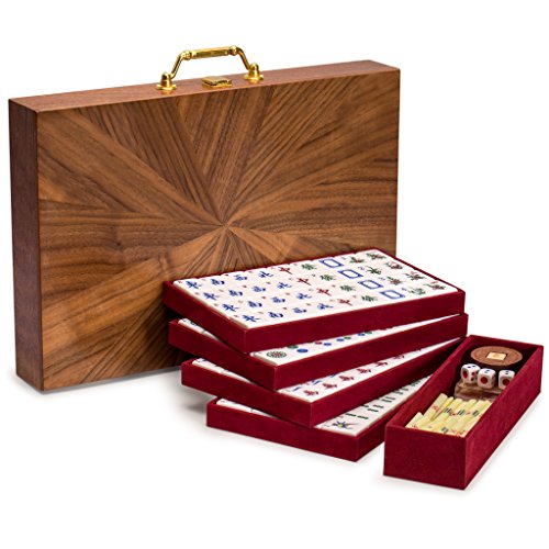 Yellow Mountain Imports Juego de Mahjong Chino Clásico - Oro Champán - con 148 Fichas de Tamaño Medio y un Estuche de Madera Palos de Apuestas, 3 Dados, y un Indicador de Viento