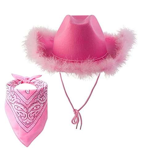 Yililay Mujeres HATO COWBOY Pink Fluffy Feather Western Hat Western Ladies Festival Accesorios de disfraces de vaquero 2 paquetes