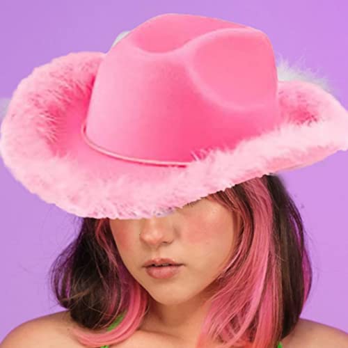 Yililay Mujeres HATO COWBOY Pink Fluffy Feather Western Hat Western Ladies Festival Accesorios de disfraces de vaquero 2 paquetes