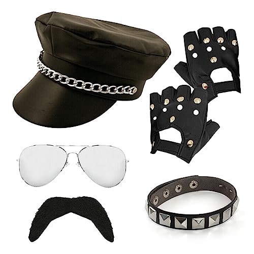 YMCA - Juego de accesorios de hombre macho de los años 70, sombrero de motociclista negro, gafas de sol, brazalete tachonado, guantes negros sin dedos, juego de accesorios para disfraz de motociclista