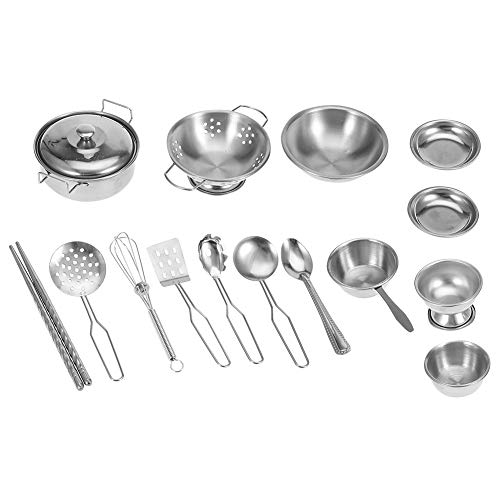 YOPOTIKA 16 piezas accesorios de cocina para exteriores, juguete de cocina de acero inoxidable, utensilios de cocina, sartén, juego de juguetes para niños, juego de rol para niñas y niños