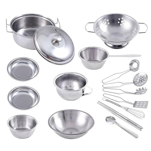 YOPOTIKA 16 piezas accesorios de cocina para exteriores, juguete de cocina de acero inoxidable, utensilios de cocina, sartén, juego de juguetes para niños, juego de rol para niñas y niños