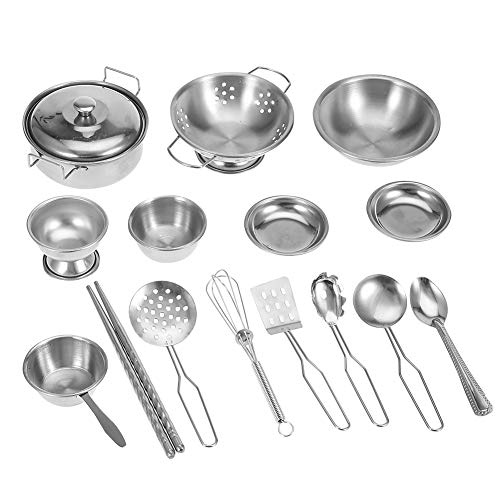 YOPOTIKA 16 piezas accesorios de cocina para exteriores, juguete de cocina de acero inoxidable, utensilios de cocina, sartén, juego de juguetes para niños, juego de rol para niñas y niños