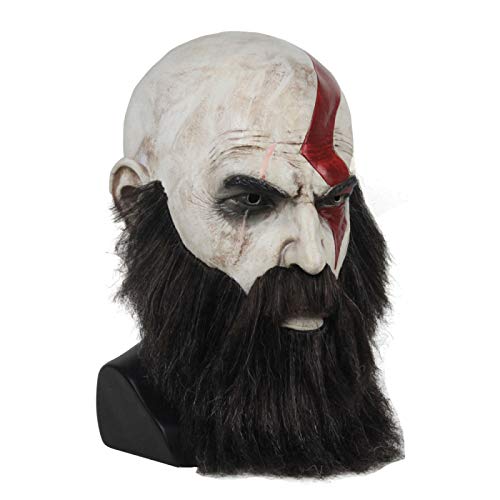 YSOCKS Máscara de dios de la guerra 4 Kratos con barba cosplay de látex de terror para fiesta, casco de Halloween, accesorios de fiesta de miedo