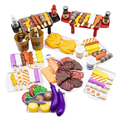 Zhongren Juego de 80 piezas de comida para barbacoa, juego de barbacoa, parrilla de juguete, herramientas de cocina, juguetes de rol para niños de más de 3 años, regalos de cumpleaños de Navidad