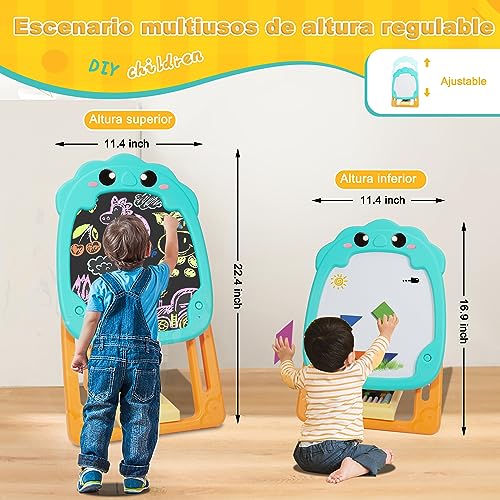 ZKKEIIE Caballete de Doble Cara para niños, Caballete de Arte Ajustable con Pizarra Blanca magnética y Pizarra de Tiza y Accesorios de Dibujo y Escritura para niños pequeños