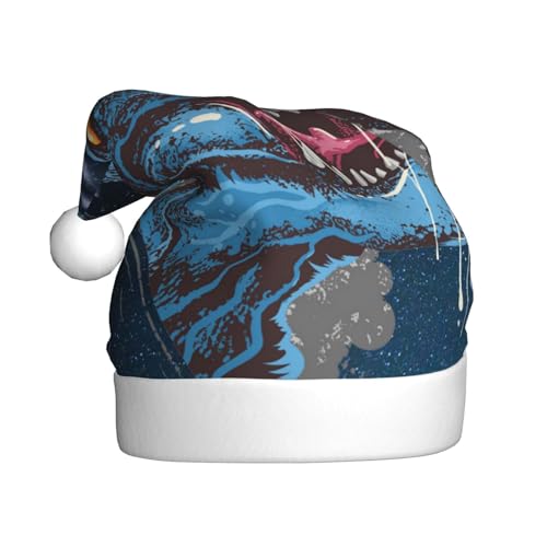 ZORIN Sombreros de Navidad con luces brillantes de dinosaurio, cabeza de T-Rex, cara de ira enojada, ribete de felpa, unisex, sombrero de Papá Noel para suministros de fiesta de vacaciones, cosplay,