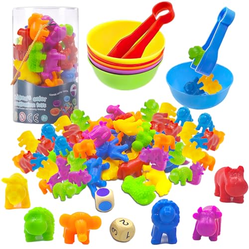 ZZQVIP Montessori Juguete Educativo 46 Piezas Clasificar Juegos, Animales con Tazas y Pinzas, Discriminación de Colores, Habilidades Finas Educativo Juego, para Niños 3 4 5 6 Años