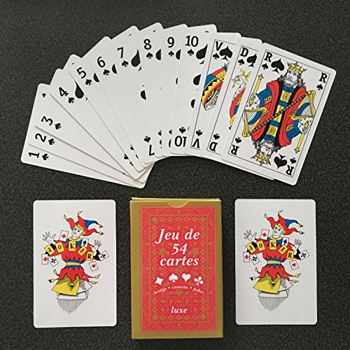 1 juego de 54 cartas: poker, belote, rami, piquet, grillete, bridge, excusa, barbu, coinche, bin laden, batalla, menor, fuletto, big up, juego de caballeros, maestro del juego, biskit, etc.