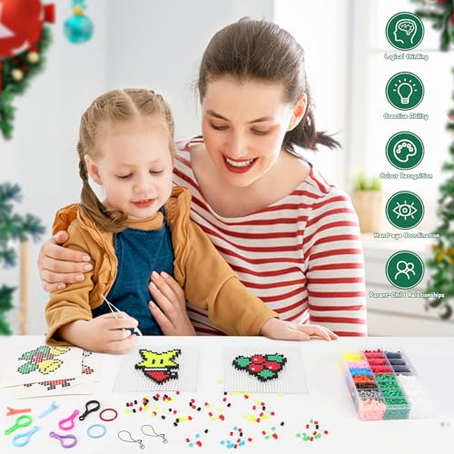 4800 Piezas Cuentas para Planchar, Navidad Fuse Beads 5 mm con Plantillas de Cuentas para Planchar y Accesorios de Papel para Planchar, 8 patrones, Llaveros y Accesorios para Manualidades Infantiles