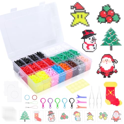 4800 Piezas Cuentas para Planchar, Navidad Fuse Beads 5 mm con Plantillas de Cuentas para Planchar y Accesorios de Papel para Planchar, 8 patrones, Llaveros y Accesorios para Manualidades Infantiles