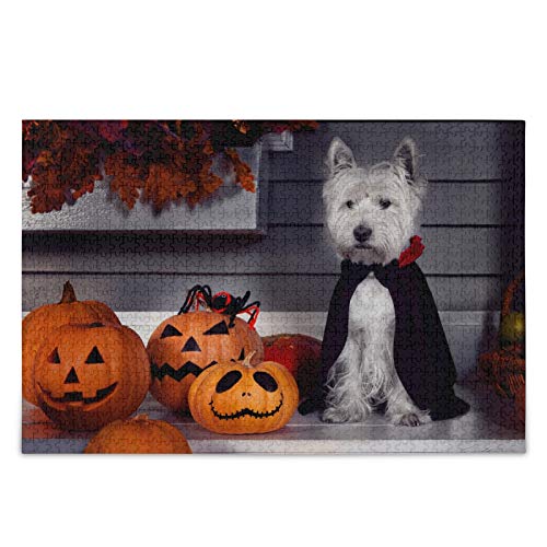 ALKOY Halloween White Terrier Dog Jigsaw Puzzle Black Dracula Cloak 1000 Piezas Rompecabezas Educativo Intelectual Descompresión Juego Divertido para Niños Adultos Hogar Decoración de Pared