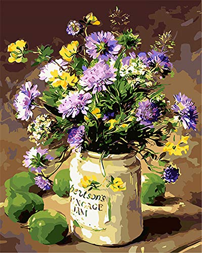 Awesocrafts - Kit de pintura por números, flores moradas en jarrón y manzanas verdes para adultos y niños, 40,6 x 50,8 cm enmarcado o no (crisantemo, sin marco)