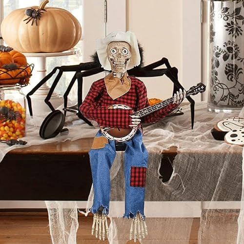 Awoyep Esqueleto de Banjo, 1/2 Pieza, Divertidos Esqueletos de Banjo de Duelo Animados, Decoración de Calavera de Halloween para Uso en Interiores y Exteriores, Esqueleto de Banjo de Vaquero (Color :