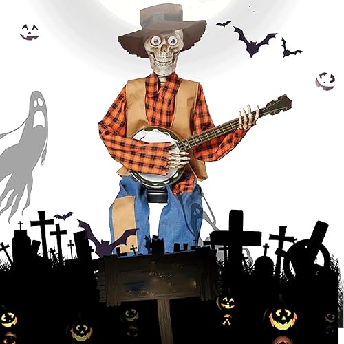 Awoyep Esqueletos de Banjo | Esqueletos de Banjo Animados de Halloween | Esqueletos de Banjo de Duelo Animados Divertidos | Estatua del Cráneo de Vaquero | Decoración Animada de Halloween (Color : B