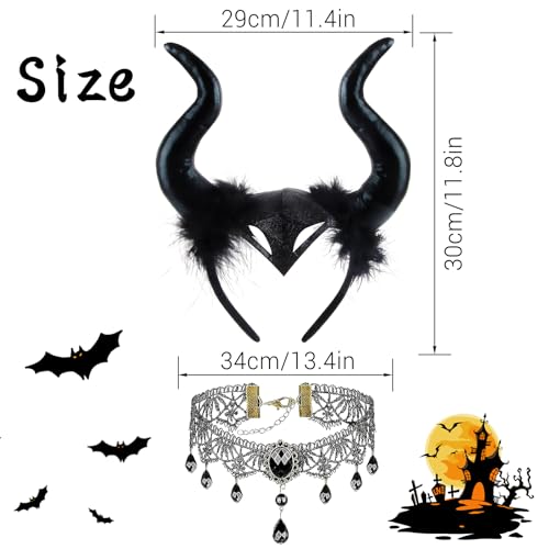 badaren Diadema Cuerno de Diablo, 2 PCS Cuernos Malefica, Sombrero Cuerno con Collar Encaje Gótico, Diadema Malefica, Diadema Diablo Negro para Halloween, Cosplay Malefica, Carnaval,Fiestas Temáticas