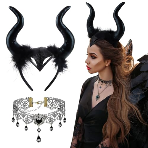 badaren Diadema Cuerno de Diablo, 2 PCS Cuernos Malefica, Sombrero Cuerno con Collar Encaje Gótico, Diadema Malefica, Diadema Diablo Negro para Halloween, Cosplay Malefica, Carnaval,Fiestas Temáticas