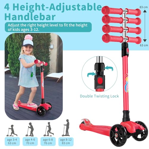 BELEEV Patinete para Niños de 3 a 12 años, Patinete de 3 Ruedas para Niños y Niñas, Luces Ruedas Iluminadas, Altura Ajustable, Inclinarse para Dirigir, Cubierta Antideslizante, Scooter (Rojo)