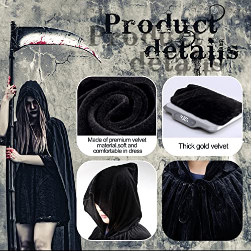 BOFUNX Larga Capa Negra con Capucha Terciopelo Traje de Vampiro Medieval Bruja Accesorio para Disfraz de Halloween Carnaval Navidad Fiesta Cosplay para Mujeres Hombres (L)