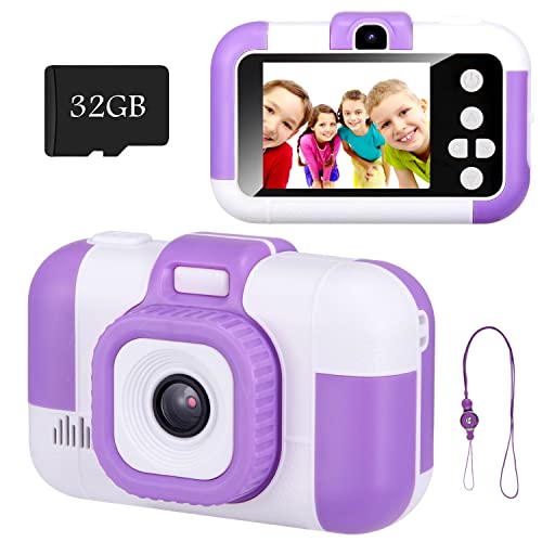 Cámara selfie para niños, regalo para niñas de 3 a 10 años, cámaras digitales para niños pequeños con video, cámaras moradas para niños de 3, 4, 5, 6, 7, 8, 9 años, con tarjeta SD de 32 GB