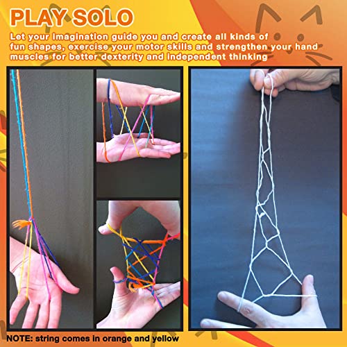 Cats Cradle,Juego de cuerdas portátil retro de los años 90, naranja neón y amarillo, longitud aproximada de 1.6 m (160 cm), manual de trucos incluido, creatividad, jugar solo y con amigos