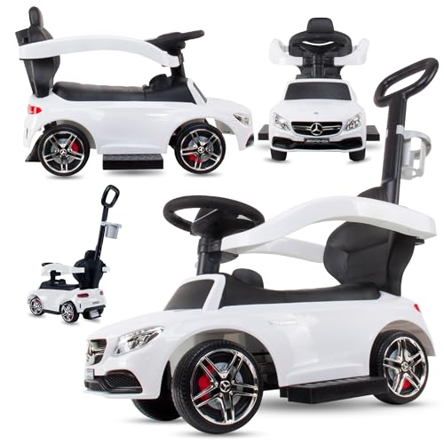 Correpasillos niños 1 años, Barra de Empuje bobbycar, Mercedes AMG Infantil con reposapiés, Coche de bebé, Coche con Barra de presión (Blanco)