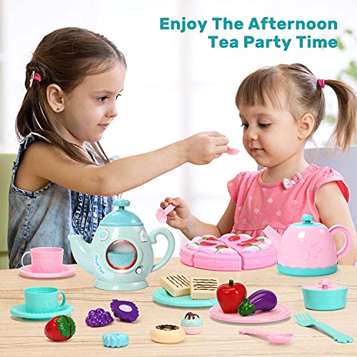 CUTE STONE Juego de té de juguete, juego de té para niños con comida de juego, estuche de transporte y accesorios de fiesta de té, juego de fiesta de té para niños pequeños