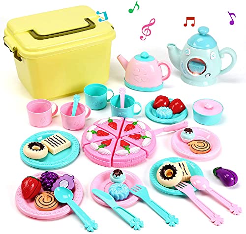 CUTE STONE Juego de té de juguete, juego de té para niños con comida de juego, estuche de transporte y accesorios de fiesta de té, juego de fiesta de té para niños pequeños