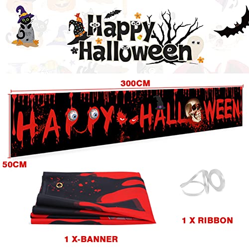 Decoración de Banner de Fiesta, Banner de Feliz Halloween 300x50 cm, Banner de Halloween Decoraciones con Calabaza Huella Sangrienta Huella de Murciélago Diseño de Luna para Halloween Decoración