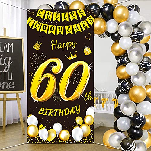 DPKOW Oro Negro 60 Años Cumpleaños Decoración para Hombre Mujer, Oro Negro Pancarta para 60 Cumpleaños Puerta Fondo Decoración, para 60 Años Cumpleaños Mesa Jardín Decoración, 185 x 90cm