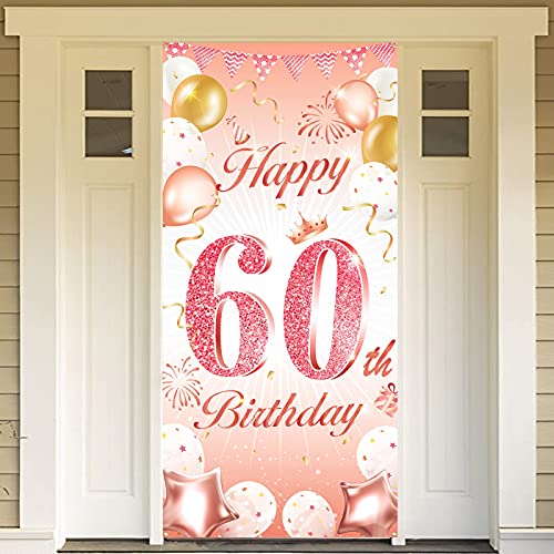 DPKOW Oro Rosa 60 Años Cumpleaños Decoración para Mujer, Oro Rosa Pancarta para Mujer 60 Cumpleaños Puerta Fondo Decoración, para Mujer 60 Años Cumpleaños Mesa Jardín Decoración, 185 x 90cm