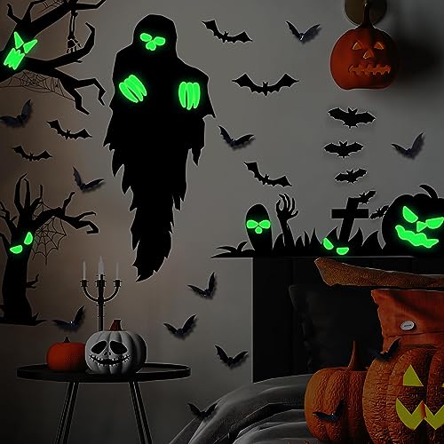 Etiqueta engomada del resplandor de Halloween | Calcomanías de Halloween que brillan intensamente | Adhesivo ornamental de habitación con brillo para techos, paredes, puertas, mesitas de Rurbeder