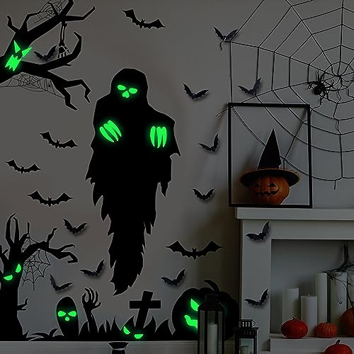 Etiqueta engomada del resplandor de Halloween | Calcomanías de Halloween que brillan intensamente | Adhesivo ornamental de habitación con brillo para techos, paredes, puertas, mesitas de Rurbeder