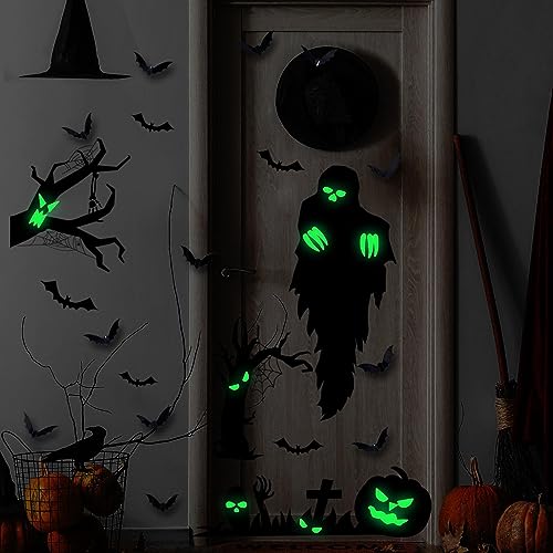 Etiqueta engomada del resplandor de Halloween - Calcomanías de Halloween que brillan intensamente,Adhesivo ornamental de habitación con brillo para techos, paredes, puertas, mesitas de noche, Jildouf