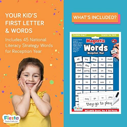 Fiesta Crafts Magnetic Words Reception Year - Learn to Read & Write Magnets for Kids with 50 Word Pieces, Magnetic Board & Dry Wipe Pen - Early Development & Activity Toys for 4+ Year Olds