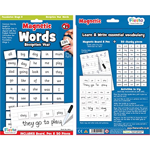 Fiesta Crafts Magnetic Words Reception Year - Learn to Read & Write Magnets for Kids with 50 Word Pieces, Magnetic Board & Dry Wipe Pen - Early Development & Activity Toys for 4+ Year Olds