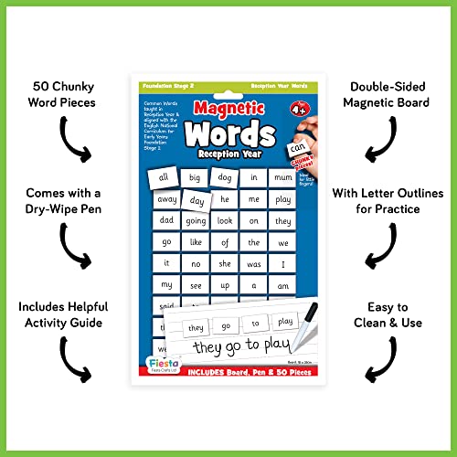 Fiesta Crafts Magnetic Words Reception Year - Learn to Read & Write Magnets for Kids with 50 Word Pieces, Magnetic Board & Dry Wipe Pen - Early Development & Activity Toys for 4+ Year Olds