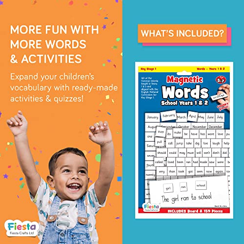 Fiesta Crafts Word Magnets for Kids - Learn to Read & Write Years 1 & 2 Learning Resources with 160 Word Pieces & Magnetic Board- Early Development & Activity Toys for 5+ Year Old Boys & Girls