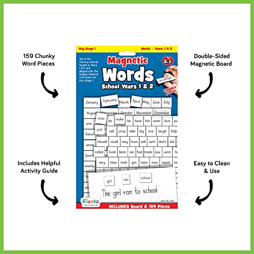 Fiesta Crafts Word Magnets for Kids - Learn to Read & Write Years 1 & 2 Learning Resources with 160 Word Pieces & Magnetic Board- Early Development & Activity Toys for 5+ Year Old Boys & Girls