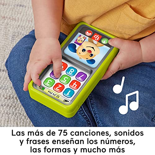 Fisher-Price Ríe y Aprende Smartphone desliza y aprende, Teléfono de juguete de aprendizaje con sonidos, bebés +9 meses, versión español + portugués + italiano + inglés (HNL45)