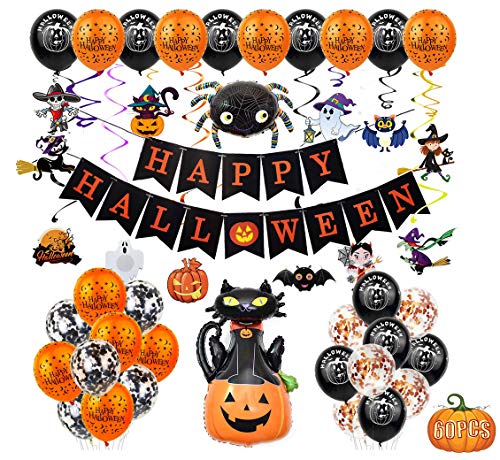 Fontee® 60 piezas halloween decoracion accesorios, Happy Halloween globos, pancarta, araña, murciélago, bruja, calabaza fantasma, para barra de Halloween, suministros de decoración para el hogar