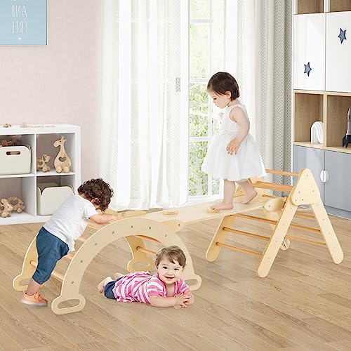 GOPLUS 7 en 1 Triángulo de Escalada para Niños de 1 Año+, Montessori Escalador con Tobogán Rampa Arco, Juguetes de Escalada de Madera, Slide Aprendizaje para Guardería Casa, Carga 50 kg, Natural