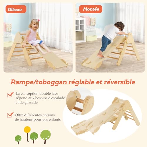 GOPLUS 7 en 1 Triángulo de Escalada para Niños de 1 Año+, Montessori Escalador con Tobogán Rampa Arco, Juguetes de Escalada de Madera, Slide Aprendizaje para Guardería Casa, Carga 50 kg, Natural